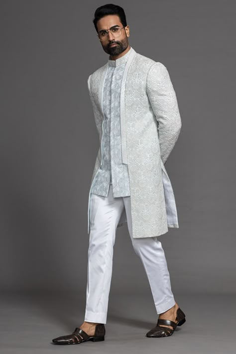 Buy Pastel Blue Cutdana Silk IndoWestern Sherwani Online | Samyakk Indo Western Outfits For Men, Casual Wedding Suit, Indo Western Dress For Men, Indian Wedding Suits Men, Wedding Clothes For Men, Indowestern Sherwani, Indian Wedding Clothes For Men, Wedding Dresses Men, Wedding Kurta For Men