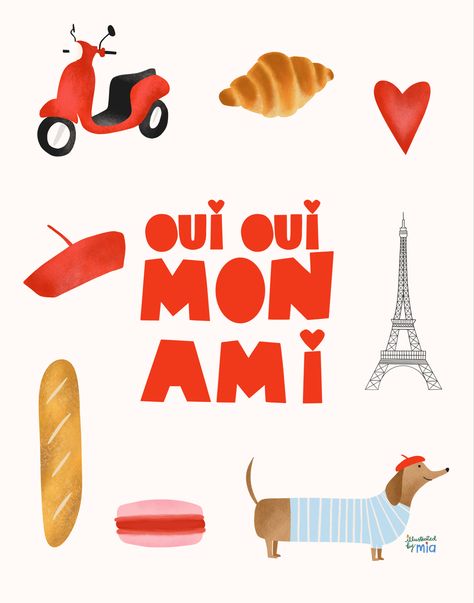 This print includes a hand lettered quote in French, with many other hand illustrated icons, such as a baguette, croissant, and macaron. Croissant Quotes, Baguette Illustration, French Food Illustration, French Bread Illustration, Macarons Illustration, French Dog Illustration, Croissant Watercolor, Illustrated Icons, Croissant Poster