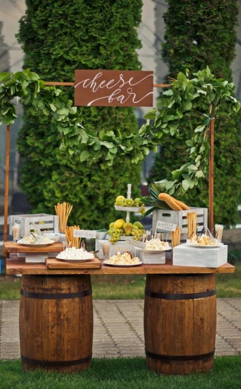 Wedding cheese bar idea Prosecco Bar, Large Wedding Signs, Cheese Table, Wooden Barrels, Wedding Food Stations, Outside Catering, Cheese Bar, Buffet Ideas, Food Buffet