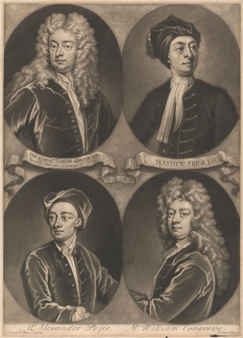 John Smith, 1652–1743, British, Poets and Philosophers of England: The Rt. Hon. Joseph Addison, Mathew Prior Esq., Mr. Alexander Pope, and Mr. William Congreve., , Mezzotint, Yale Center for British Art Lady Mary Wortley Montagu, Joseph Addison, Alexander Pope, Lady Mary, John Smith, British Heritage, British Art, Philosophers, Rare Books