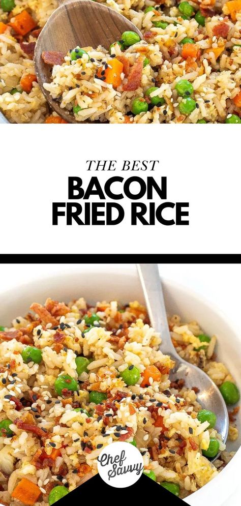 Try this Easy Bacon Fried Rice Recipe! If you’ve never thought of adding bacon to your fried rice you are missing out! The rice gets fried in bacon grease then gets topped with crispy bacon before serving! This recipe is even better than take out! Follow Chef Savvy for more Meals Kids Love! Bacon Fried Rice Recipe, Bacon Fried Rice, Bacon Rice, Breakfast Fried Rice, Ham Fried Rice, Chef Savvy, Meals Kids Love, Fried Rice Recipe Easy, Bacon Fries