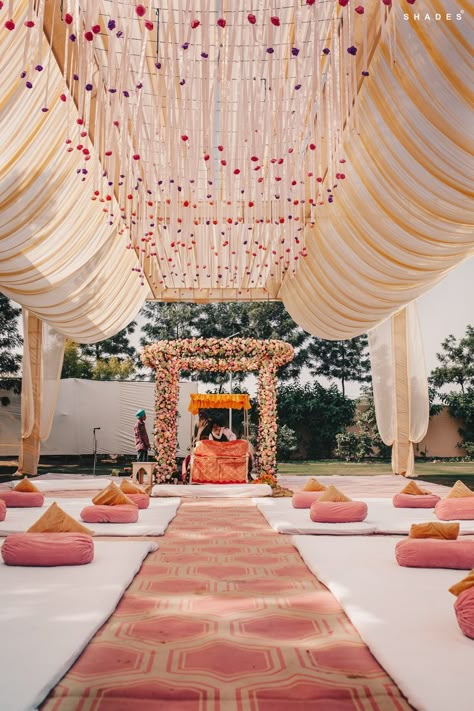 Photo from Chanu & Digvijay Wedding Wedding Phera Mandap, Anand Karaj Decor, Day Wedding Mandap Decoration, Outdoor Indian Wedding Mandap, Indian Outdoor Mandap, Pathway Decor Wedding Indian, Anand Karaj Decor Gurudwara, Sikh Wedding Decor, Anand Karaj