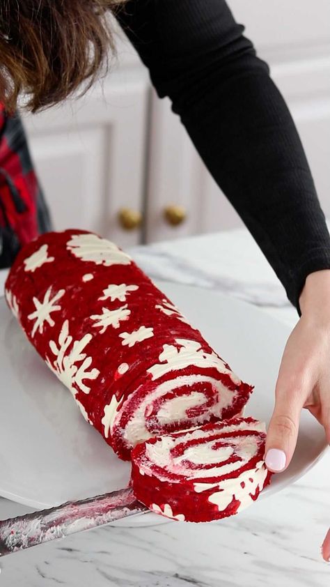 Sheri Wilson | Snowflake Red Velvet Cake Roll ❤️❄️ I decided to try another cake roll for The Ultimate Baker’s Contest! (All the deets over at... | Instagram Red Velvet Yule Log Cake, Christmas Roll Cake Red And Green, Christmas Cake Log, Snowflake Red Velvet Cake Roll, Red Velvet Log Cake, Red Velvet Yule Log Recipe, Christmas Roll Cake Decoration, Christmas Pattern Roll Cake, Sheri Wilson Cakes