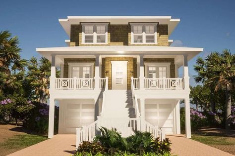 Front rendering with cedar shake siding and an exterior staircase leading to a covered entry porch. Beach House Plans On Pilings, Elevated Beach House Plans, Elevated Beach House, Coastal Home Plans, Beach House Floor, Beach House Floor Plans, Beach House Plan, Cape San Blas, Dream Home Plans