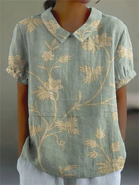 Women's Retro Floral Art Print Casual Cotton And Linen Shirt Blouse For Office, Retro Fashion Women, Floral Art Print, Top Plus Size, Floral Print Shirt, Beach T Shirts, Floral Prints Art, Loose Fitting Tops, Summer Fabrics