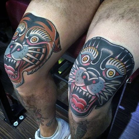 Mens Knee Cap Old School Traditional Panther Head Tattoo Traditional Tattoo Knee, Mens Tiger Tattoo, Panther Tattoos, Traditional Tiger Tattoo, Traditional Panther Tattoo, Panther Tattoo, Tiger Tattoo Design, New Tattoo Designs, Tattoo Zeichnungen