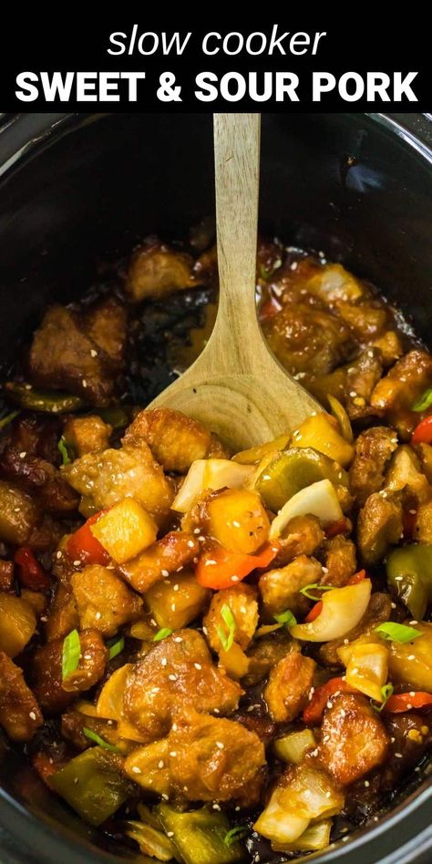 sweet and sour pork with chicken and pineapple in crockpot Crock Pot Pork Bites, Diced Pork Crock Pot Recipes, Sweet Sour Pork Crock Pot, Pork In Slow Cooker Recipes, Asian Pork Crockpot Recipes, Pork Chunks Recipes Slow Cooker, Pork Cubes Recipes Slow Cooker, Crock Pot Sweet And Sour Pork, Diced Pork Recipes Slow Cooker