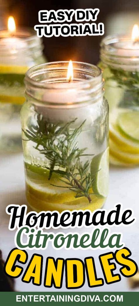 Super Simple DIY Citronella Candles (No wax required!) | Holidays and events Diy Citronella Candles, Mason Jar Citronella Candles, Candle Placement, Diy Citronella, Eaten Alive, Citronella Candle, Rosemary Water, Citronella Essential Oil, Spring Entertaining