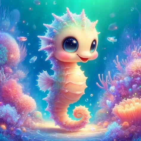 Seahorse Character Design, Kawaii Sea Creatures, Baby Seahorse, Aquatic Art, Cute Seals, Animal Doodles, Cute Fantasy Creatures, Cute Animal Drawings Kawaii, Cute Cartoon Pictures