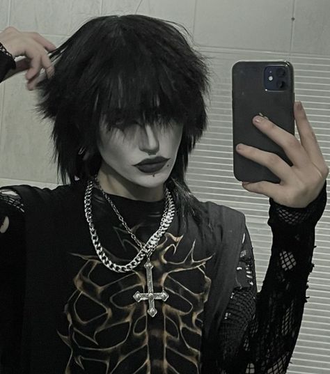 Male Goth Hairstyles, Goth Pfp Male, Black Hair Man Aesthetic, Metal Makeup Men, Male Trad Goth Makeup, Men Goth Makeup, Gothic Mullet, Goth Hairstyles Men, Corpse Paint Men