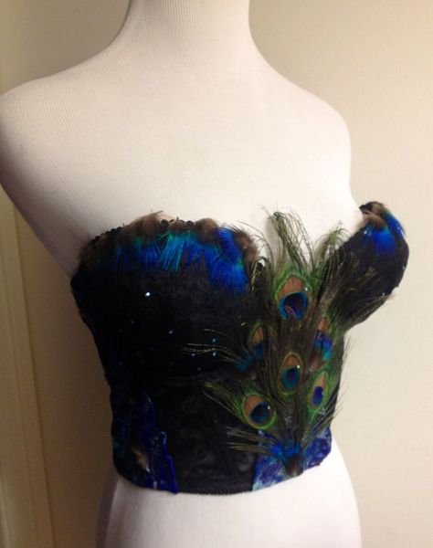 Peacock corset White Peacock Costume, Peacock Costume Women's, Blue Dress With Feathers, Peacock Inspired Dress, Peacock Corset, Peacock Clothes, Peacock Dresses, Peacock Outfit, Rhinestone Bustier