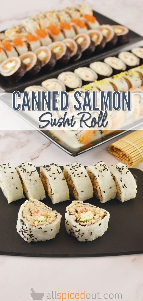 Canned Salmon Sushi Roll Uramaki Sushi Bake With Canned Salmon, Canned Salmon Sushi, Salmon Rolls, Sushi Recipes California Roll, Salmon Sushi Recipes, Spicy Salmon Roll, Salmon Sushi Rolls, Sushi Fillings, Sushi Recipes Homemade