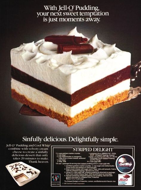 Striped Delight Dessert Recipe, Jello Pudding Desserts, Striped Delight, Oreo Trifle, Delight Dessert, Chocolate Pudding Desserts, Pudding Dessert, Jello Desserts, Vintage Dessert