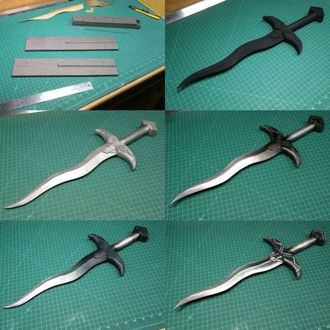 I humbly present the 3 hour dagger. Carved from layers of EVA foam. Handle is a PVC pipe. Blade is reinforced with an acrylic rod. Paint as follows: 1: Flat black Krylon Fusion spray paint 2: Airbrushed silver acrylic paint 3: Airbrushed dark silver and black 4: Airbrushed green gradient 5: Brushed silver on highlight details Sealed with matte clear PlastiDip. Larp Outfit, Foam Cosplay, Foam Props, Foam Carving, Diy Cosplay, Foam Armor, Nerd Crafts, Acrylic Rod, Cosplay Armor