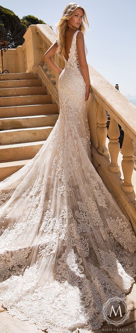 Moonlight Couture Wedding Dresses 2019 | Romantic lace Mermaid lace wedding dress sleeveless plunging open back and long train #weddingdress #weddingdresses#bridalgown #bridal #bridalgowns#weddinggown #bridetobe #weddings#bride #dreamdress #bridalcollection#bridaldress #dress See more gorgeous wedding dresses by clicking on the photo Lace Wedding Dress Sleeveless, Moonlight Couture, Moonlight Bridal, Popular Wedding Dresses, Amazing Wedding Dress, Cute Wedding Dress, Fit And Flare Wedding Dress, Bohemian Wedding Dresses, A Wedding Dress