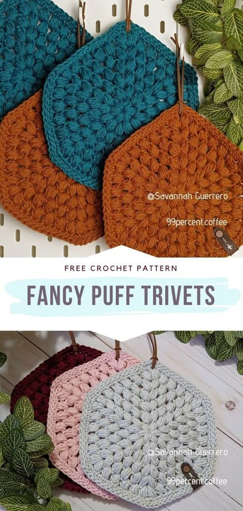 Crochet Puff Stitch Trivets Fall Potholders Crochet, Crochet Fall Hot Pads, Christmas Crochet Trivet, Crochet Cotton Potholders, Crochet Leaf Hot Pad, Round Trivet Crochet Pattern, Crochet Kitchen Potholders, Crochet Trivet Pattern Free, Crocheted Household Items