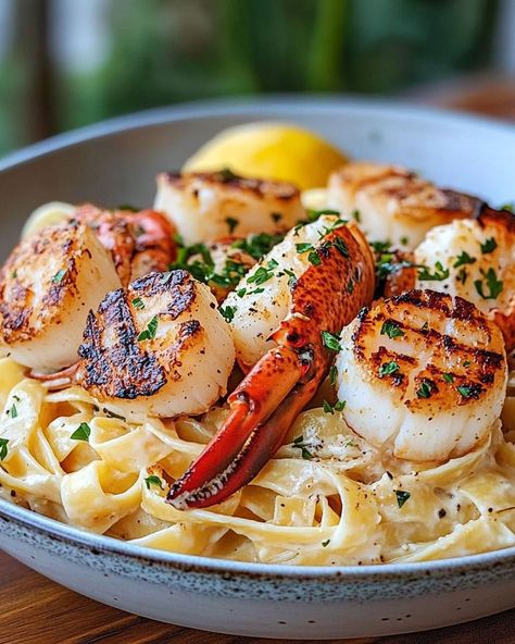 Cajun Lobster, Crab, and Salmon Alfredo Seafood Penne Pasta, Seafood Alfredo Pasta Recipes, Lobster Tail Pasta Recipe, Lobster Tail Pasta, Seafood Alfredo Pasta, Crab Meat Pasta, Crab Pasta Recipes, Salmon Alfredo, Crab Alfredo