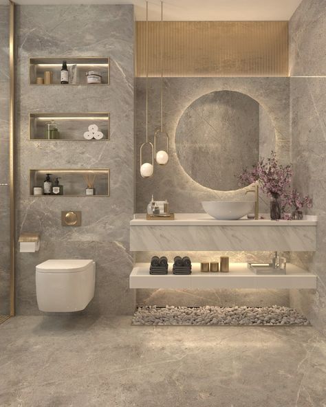 Modern Bedroom Bathroom, Big Niche Decor Ideas, Resort Style Bathroom Ideas, Brown Tiles Bedroom, White Bathroom Design Ideas, Behance Bathroom Design, Posh Bathroom Ideas, Modern Spanish Bathroom Ideas, Dreamy Bathroom Aesthetic