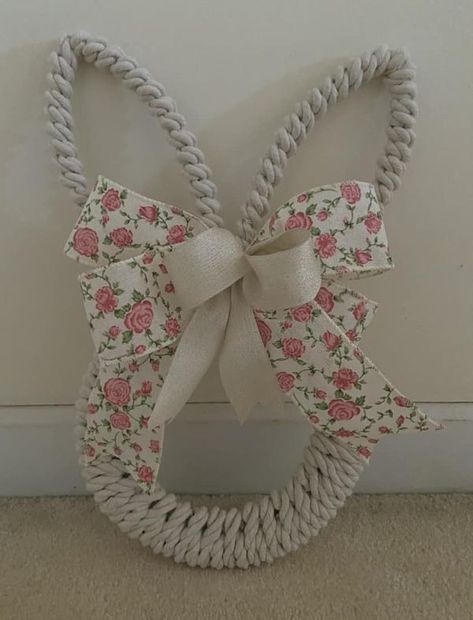 Rope Wreath Ideas, Dollar Tree Bunny Wreath Diy, Dollar Tree Bunny, Bunny Wreath Diy Dollar Stores, Bunny Wreath Dollar Tree, Coastal Rope Wreath, Diy Outdoor Lanterns, Nautical Rope And Ribbon Wreath, Dollar Tree Wire Bunny Frame