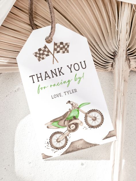 Editable Green Dirt Bike Thank You Tag DIGITAL DOWNLOAD DEMO LINK-- Try Before You Buy! Copy & Paste link into your browser ►https://www.corjl.com/d/K3O9H Simply edit using computer, laptop or phone, no software required! ►Find more Dirt Bike themed items here: https://www.etsy.com/shop/MerryPartyPrintables?search_query=dirt+bike Green Dirt Bike, Bike Birthday Parties, Dirt Bike Party, Bike Party, Bike Birthday, Dirt Bike Birthday, Birthday Labels, Racing Bike, Birthday Board