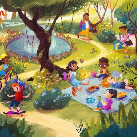 Backyard Illustration, Children's Book Layout, Childhood Memories Art, Book Illustration Design, Story Books Illustrations, 동화 삽화, Illustration Art Kids, Children Park, Picture Books Illustration