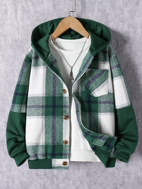 Multicolor Casual Collar Long Sleeve Fabric Plaid Other Embellished Non-Stretch  Boys Clothing Boys Street Style, Men Outerwear, Boys Plaid, Long Sleeve Outerwear, Boys Fleece, Long Sleeves Coats, Mens Plaid, Hooded Shirt, Boys Jacket