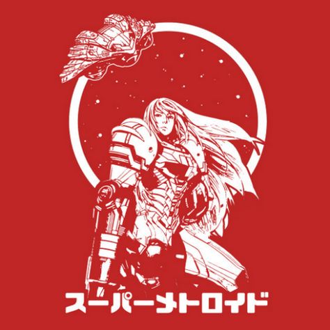 The Bounty Hunter t-shirt design. Cool one colour illustration of Samus from Nintendo's metroid games. Japanese text undernearth. Merch Design Ideas, Awesome Shirt Designs, Metroid Samus, Super Metroid, Colour Illustration, Logo Moodboard, Japanese Text, Video Game T Shirts, Grunge Shirt