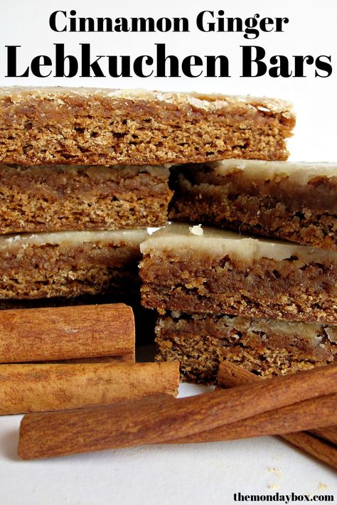 Lebkuchen Bars are traditional German spice treats! Chewy, cinnamon ginger bars with an orange ginger glaze! #themondaybox #gingerbread #barcookies #Germanbaking #christmas Lebkuchen Bars, Ginger Bars, Lebkuchen Recipe, Ginger Glaze, German Baking, Fried Pies, Ethnic Food, Bar Recipes, Spice Cookies