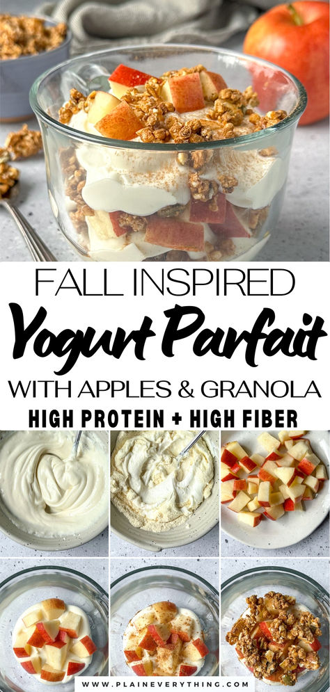 High Protein Yogurt Parfait With Apples | Healthy Fall Recipe Granola Parfait Recipe, High Protein Yogurt Parfait, High Fiber High Protein Breakfast, High Protein High Fiber Breakfast, Easy Yogurt Parfait, Protein Snacks For Kids, Fiber Meals, Recipe With Apples, Breakfast Yogurt Parfait