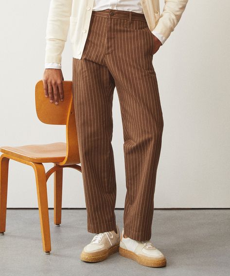 Stripe Pants Outfit, Best Chinos, Queer Clothes, Pants Outfit Men, Brown Pinstripe, Party Pants, Fun Pants, Dress Slacks, Formal Suits