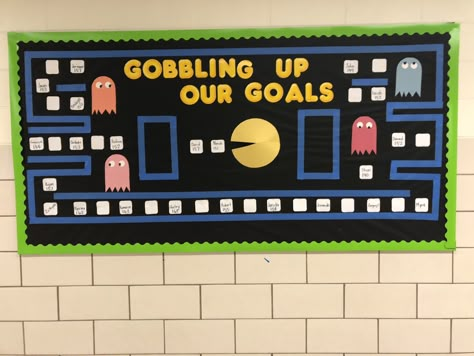 Pac-Man inspired EOY NWEA goals bulletin board. Each student’s EOY goal is posted for testing motivation. Technology Bulletin Boards Elementary, Pac Man Bulletin Board, Level Up School Theme, Huddle Board Ideas Office, Testing Bulletin Board Ideas, Goal Tracker Board, Goals Bulletin Board, Pta Bulletin Boards, Board Game Themes