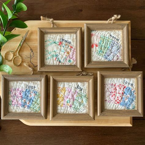 Crafts With Old Quilt Pieces, Vintage Quilt Squares Repurposed, Framed Quilt Pieces, Heirloom Quilts Ideas, Repurposed Old Quilts Ideas, Vintage Quilt Craft Ideas, What To Make Out Of Old Quilts, Ideas For Old Quilts, Using Old Quilts For Crafts