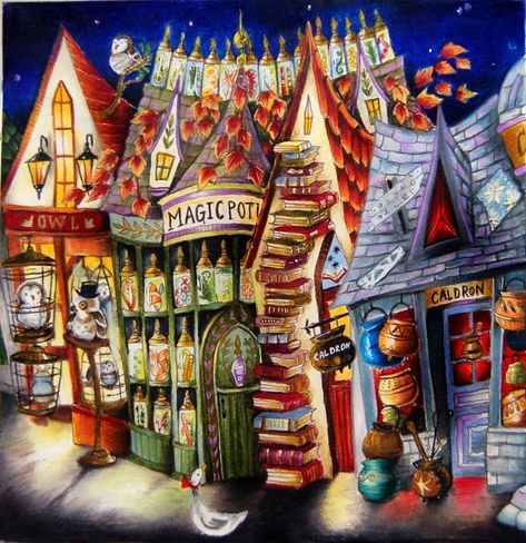 Witch Village, Harry Potte, Diagon Alley, Romantic Country, Magic City, Coloring Book Art, Color Inspo, Folk Art Painting, Colouring Books