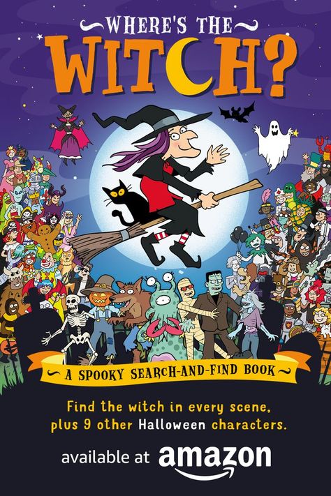 Halloween children's book showing a witch riding a broomstick and lots of other spooky characters; werewolves, ghosts, vampires, mummies, etc. Hidden Object Game, Halloween House Party, Witch Books, Search And Find, Interactive Activities, The Witch, The Witcher, Used Books, Early Learning