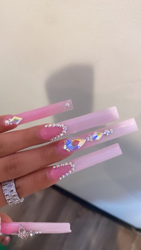 French Tip Acrylic Nails With Bling, Xl Tapered Square Acrylic Nails, Barbie Pink Acrylic Nails Bling, Pink Dope Nails, Simple Xxl Acrylic Nails, Pink Nail Sets Long, June Birthday Nails, Long Acrylic Nails With Rhinestones, Xl Nails Design