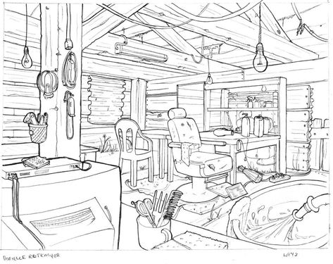 ArtStation - Barber shop in Caribbean Slums, Asha Draws Barber Shop Drawing, Animation Layout, Sketchbook Idea, Memory Drawing, Barber Shop Interior, Shop Drawing, Scene Drawing, Background Designs, Shop Layout