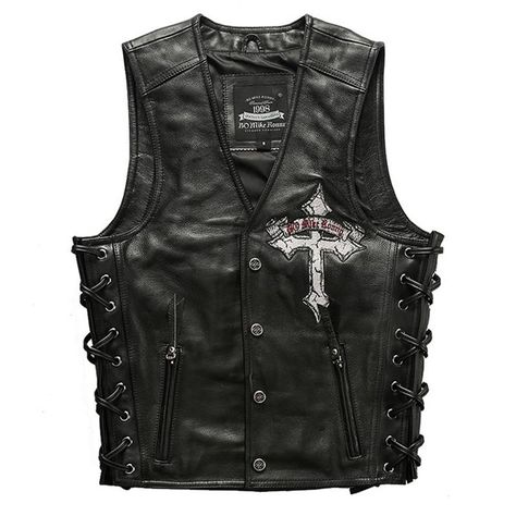 This Biker Vest is Asian Fit, so we generally advise you to choose two sizes up as your general US size. If you wear L in US/EU size, a 3XL or 4XL is more suitable for you. Please check more details on our size chart. Motorcycle Enthusiasts! Want to create a layered outfit? The V-Neck Skull Cross Leather Vest is a good choice for you. Because wearing a leather vest will expose your underlying shirt or top. A long sleeve shirt or sweatshirt with a good vest is enough to keep you warm when riding Classic Goth Outfits, Biker Outfit Men, Rockstar Clothes, Countess Bathory, Biker Style Men, Casual Groom Attire, Layered Outfit, Masc Fashion, Leather Biker Vest