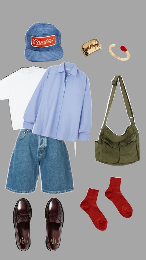 #summer #outfit #vibes #inspo #style #fashion #summeroutfit #summervibes #outfitinspo #styleinspo #summerfashion #fashioninspo #summerstyle #outfitvibes #likeandfollow Masc Femme Outfits, Eclectic Summer Outfits, Collared Shirt Outfit, Baseball Hat Outfit, Tomboy Femme, Eclectic Grandpa, Mens Trendy Outfits, Fall Fit, High Fashion Street Style