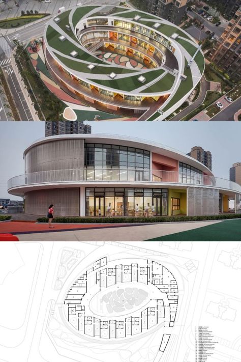 Kindergarten in Xieli Garden Elliptical Architecture, Ellipse Plan Architecture, Kindergarten Architecture Design, Circular Plans Architecture Design, Circular Classroom Architecture, Elliptical Arch, Solar Panels Architecture, Spiral Ring, Arch Model