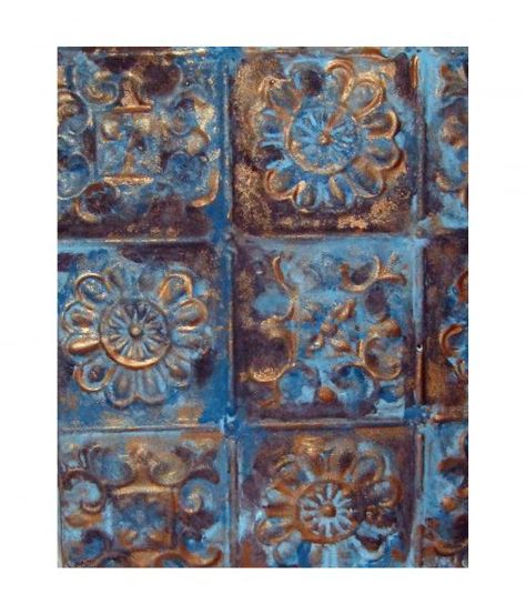 Ceiling Tile painted with white primer, followed by three colors, brown, teal & copper.  Love the copper accents. Ceiling Tiles Art, Ceiling Tiles Painted, Tile Art Projects, Antique Ceiling Tile, How To Make Soap, Ceiling Tin, Make Soap, Faux Tin, Tin Tiles