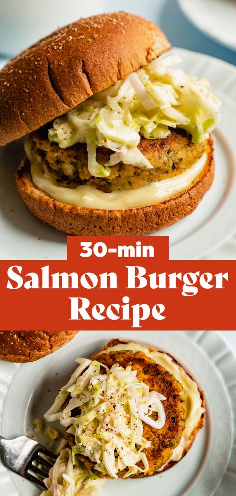 Canned Salmon Burgers, Salmon Burger Toppings, Salmon Burger Sauce, Unique Sandwich Recipes, Salmon Burgers Recipe, Burger Sauces, Pizza Seafood, Vegetables Pizza, Seafood Salads