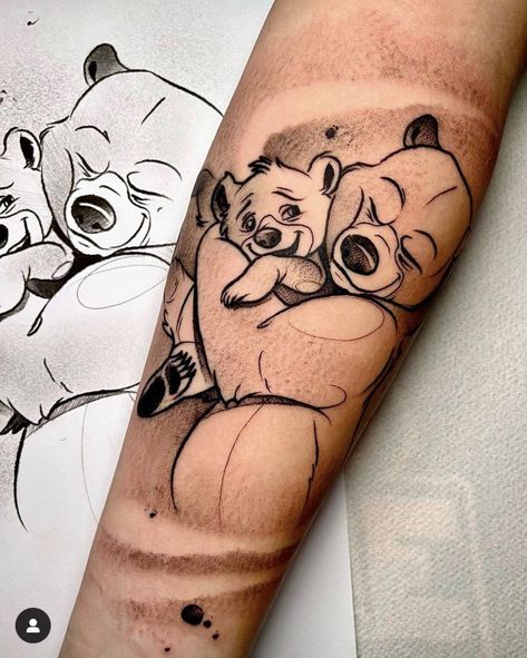 Disney Brother And Sister Tattoos, Brother Bear Tattoo, Disney Inspired Tattoos, Brother And Sister Tattoo Ideas, Cartoon Tattoo Ideas, Sister Tattoo Ideas, Animated Shows, Couple Matching Tattoo, Nerd Tattoo