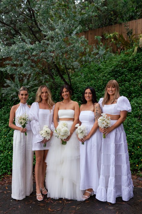 Bride + bridesmaids white dresses Bridesmaids Dresses White, White Linen Bridesmaid Dress, Bridesmaids Wearing White, Linen Bridesmaids Dresses, Bridesmaid White Dresses, Linen Bridesmaid Dresses, Linen Bridesmaid Dress, Gloomy Clouds, White Linen Suit