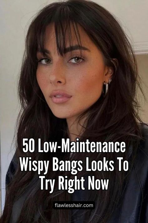 Classic Wispy Bangs Brunette Hair Wispy Bangs, Low Maintenance Wispy Bangs, Hairstyle For Long Forehead, Brunette Bangs Medium Length, Very Wispy Bangs, Bangs Short Forehead, Easy Bangs Hairstyles, Bangs For Oblong Face, Haircut For Small Forehead