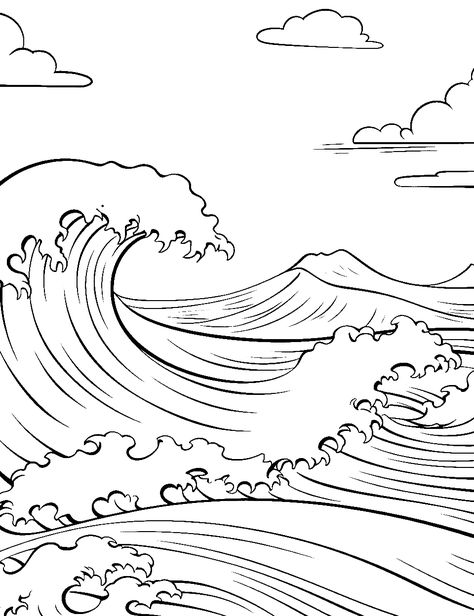 Realistic Ocean Wave Coloring Page - An accurate depiction of a single wave, showcasing the beautiful blue ocean. Wave Coloring Page, Beach Coloring Sheets, Family On Beach, Ocean Wave Drawing, Ocean Coloring Pages, Beach Coloring Pages, Lion Coloring Pages, Wave Drawing, Turkey Coloring Pages