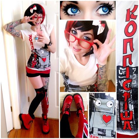 Konnichiwa!!~ #ootd #style #fashion #konnichiwa #newbreedgirl #boots #robot #lashes @dolluxe @gothiclolitawigs #circlelenses #glasses Emo Punk Outfits, Alexa Poletti, Japanese Korean Fashion, Spring Outfits For School, Cute Goth, Kawaii Harajuku, Cute Emo, Punk Outfits, Emo Fashion