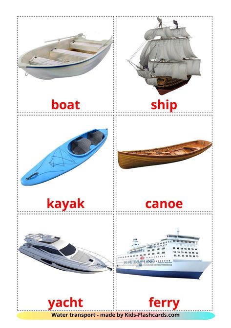 Transportation Pictures Free Printable, Water Vehicles Preschool Activities, Transportation Flashcards Free Printable, Water Transportation Preschool, Water Transportation Preschool Crafts, Water Transportation Worksheet, Water Transport Images, Water Transportation Activities, Hibernation Preschool Activities