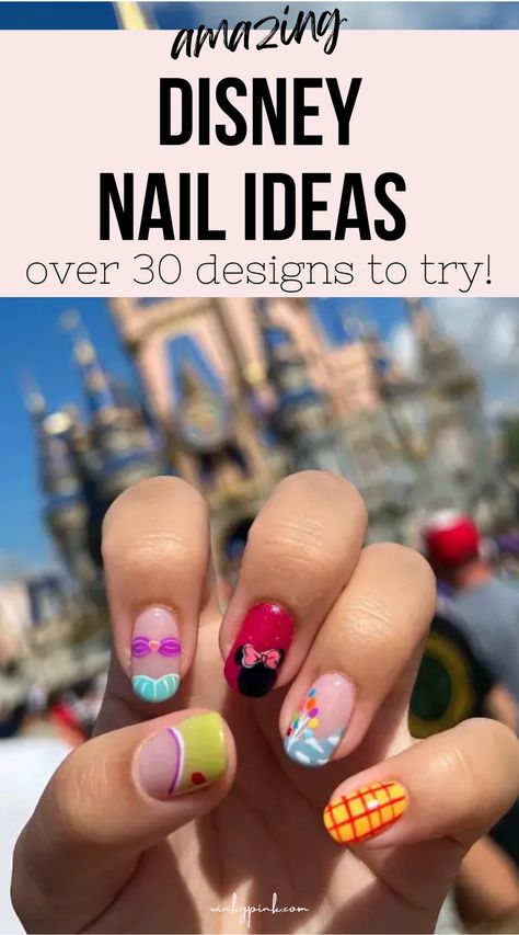 This post has over 40 Disney Nail Ideas. From Colorful Mickey’s to Magical designs, there is lots of nail inspo here for your next Disney park adventure. So let’s head into the Mickeyverse with these amazing Disney Nails. Disney Pixar Nail Designs, Pixar Nail Designs, Disney Manicures, Nail Ideas Disney, Simple Disney Nail Designs, Disney Nails Short, Disney Character Nails, Summer Disney Nails, Pixar Nails