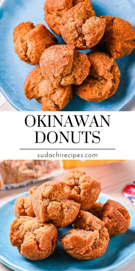 Freshly fried sata andagi (Okinawan brown sugar donuts) with crispy, crackled exterior served on bright blue ceramic plates Easy Japanese Recipes, Japanese Cooking, Creamy Garlic, Travel Memories, Okinawa, Japanese Food, Street Food, Baked Goods, Donuts