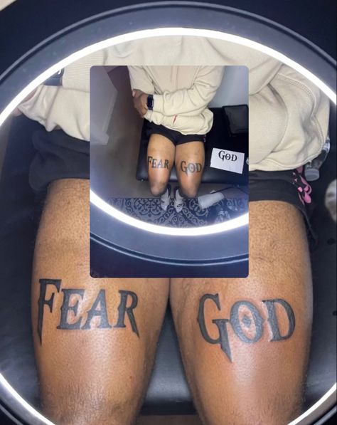 Fear God Knee Tattoo, Fear God Tattoo Men Leg, Fear God Tattoo Men, Fear God Tattoo, Chest Tattoo Stencils, Arm Tattoos For Guys Forearm, God Tattoo, Fear God, Acura Cars